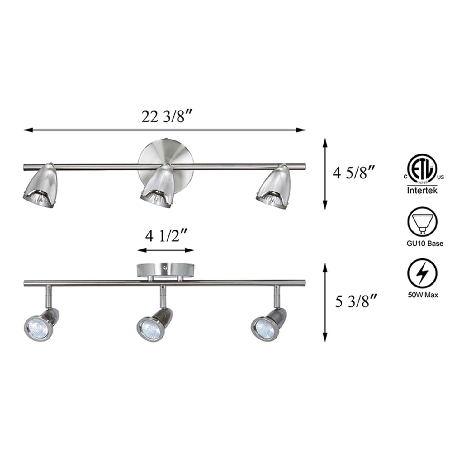 Track Light Fixture, 3 Adjustable Spotlights, Brushed Nickel, Ceiling Mount XB-TR1224-3-BN