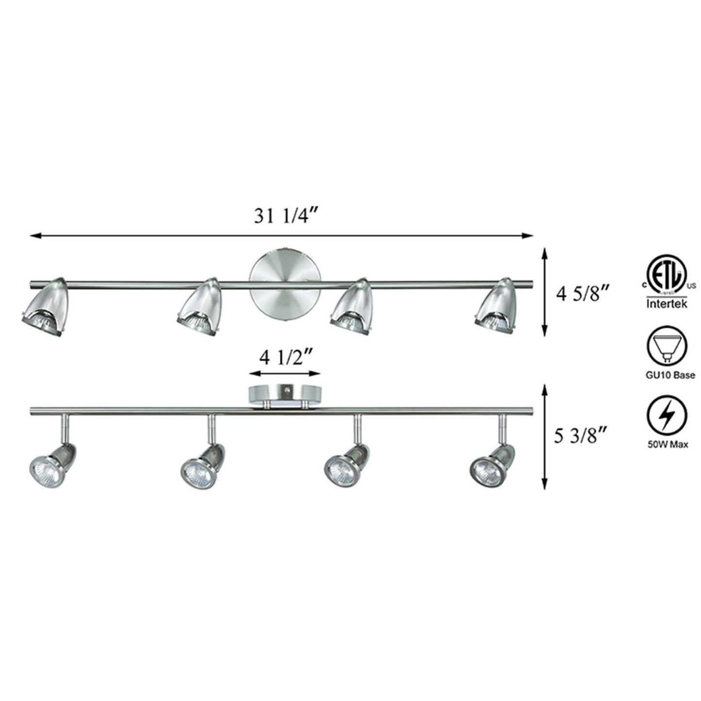 Track Light Fixture, 4 Adjustable Spotlights, Brushed Nickel, Straight Bar Mount XB-TR1224-4-BN