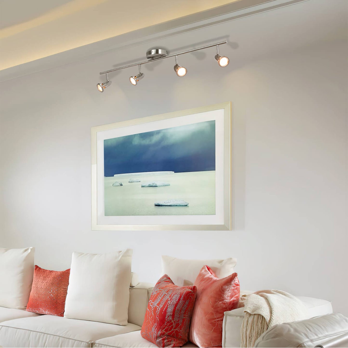 Track Light Fixture, 4 Adjustable Spotlights, Brushed Nickel, Straight Bar Mount XB-TR1224-4-BN