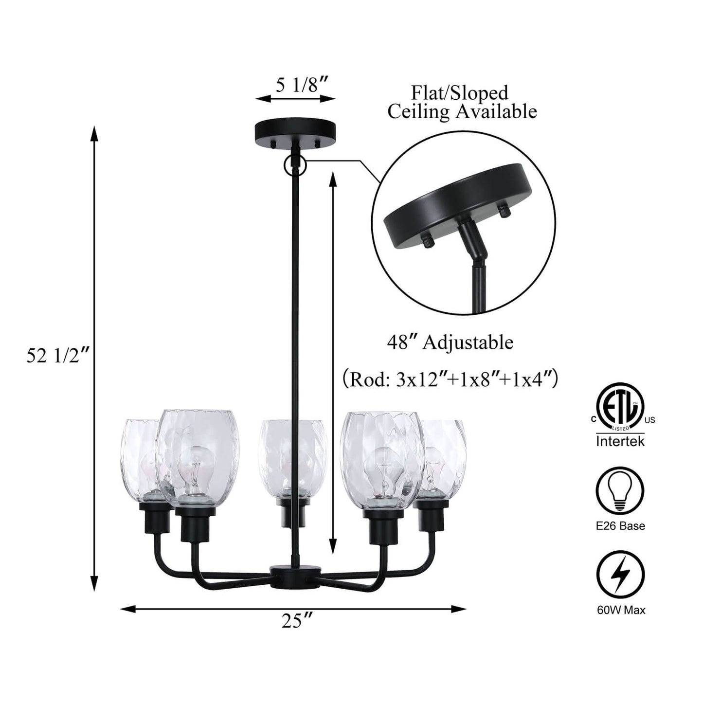 Black 5-Light Glass Chandelier XB-C1210-5-MBK