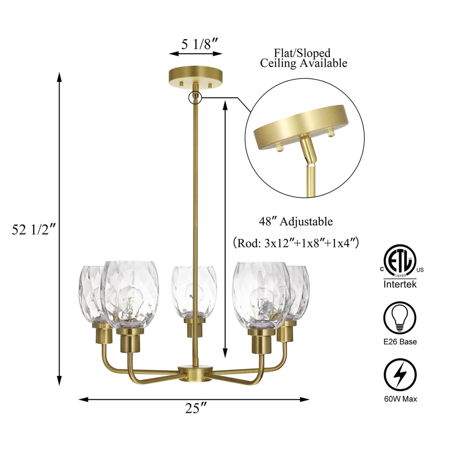 5-Light Modern Chandelier in Satin Brass with Clear Glass XB-C1210-5-SB