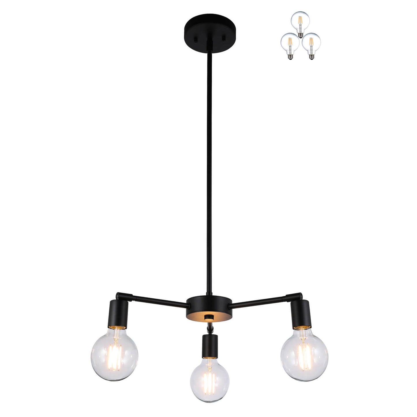 Modern 3-Light Pendant Chandelier, Matte Black with Edison Bulbs, Adjustable Arms XB-C1211-3-MBK