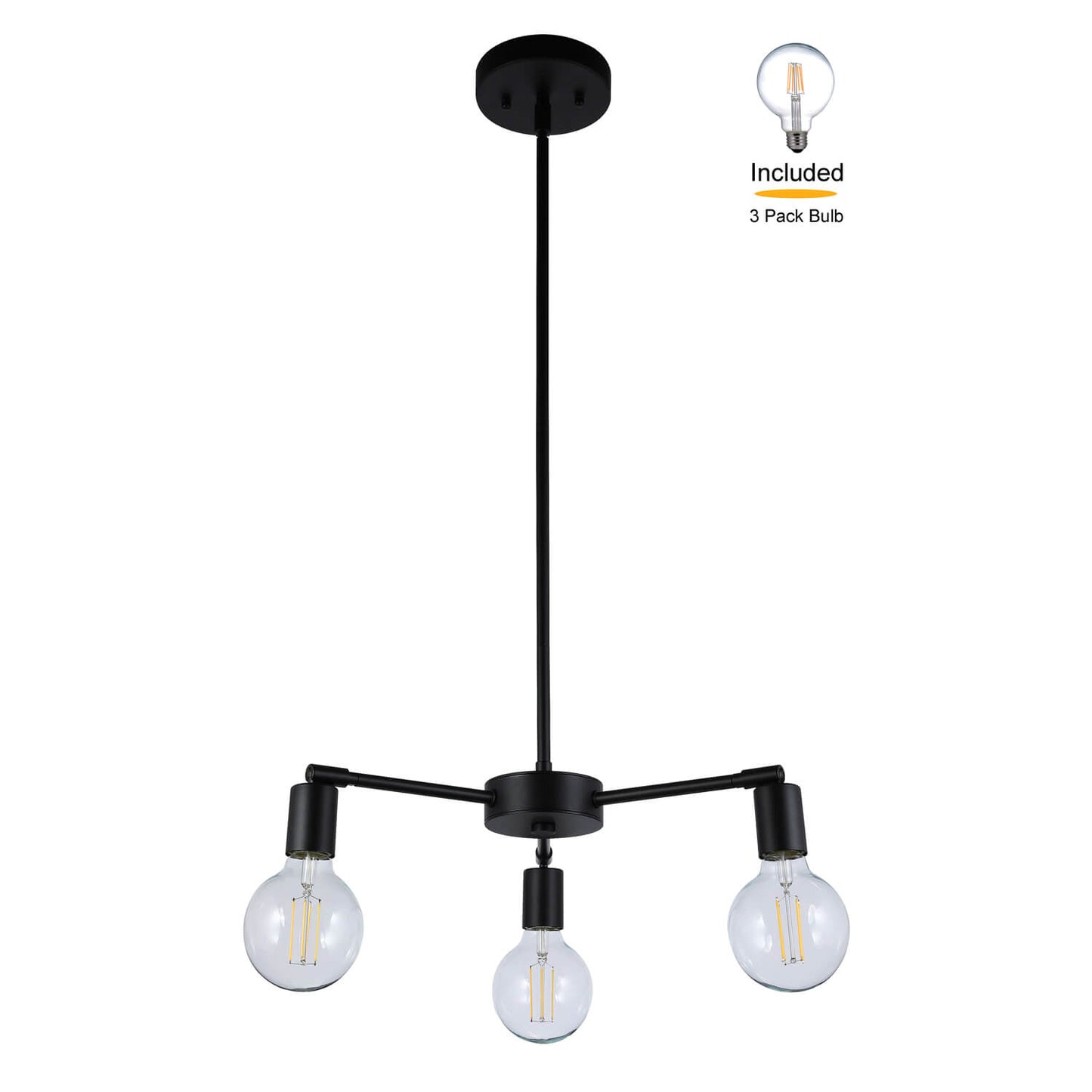 Modern 3-Light Pendant Chandelier, Matte Black with Edison Bulbs, Adjustable Arms XB-C1211-3-MBK
