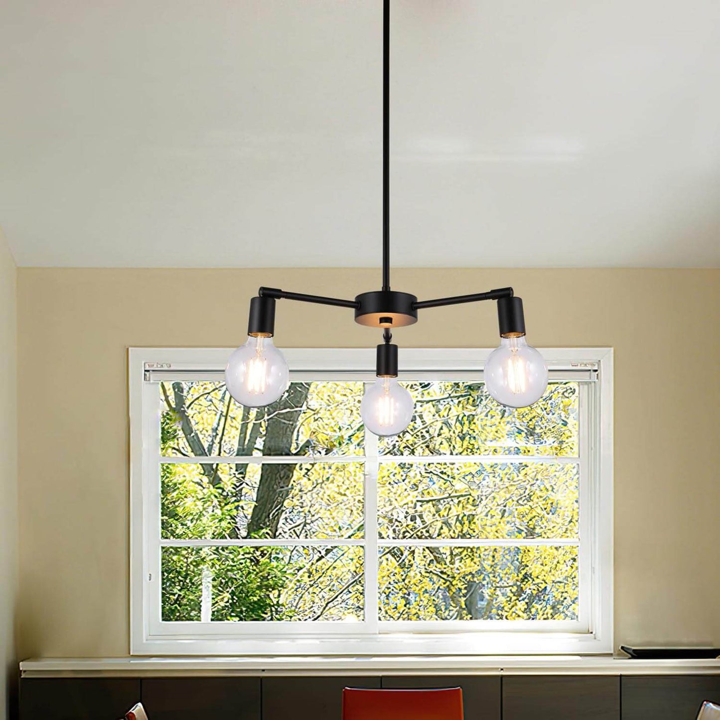 Modern 3-Light Pendant Chandelier, Matte Black with Edison Bulbs, Adjustable Arms XB-C1211-3-MBK