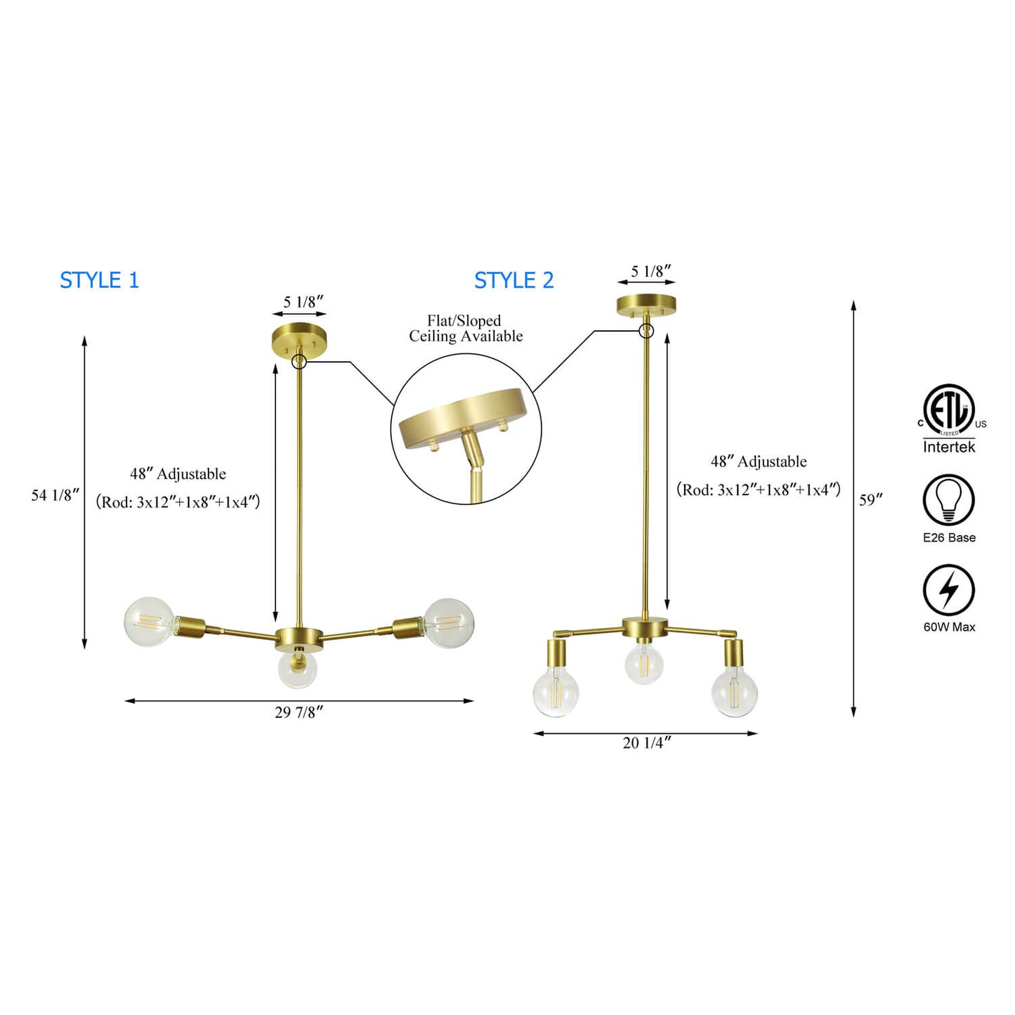 Modern Sputnik Chandelier, 3-Light Pendant Light, Gold with LED Bulbs XB-C1211-3-SB-LED