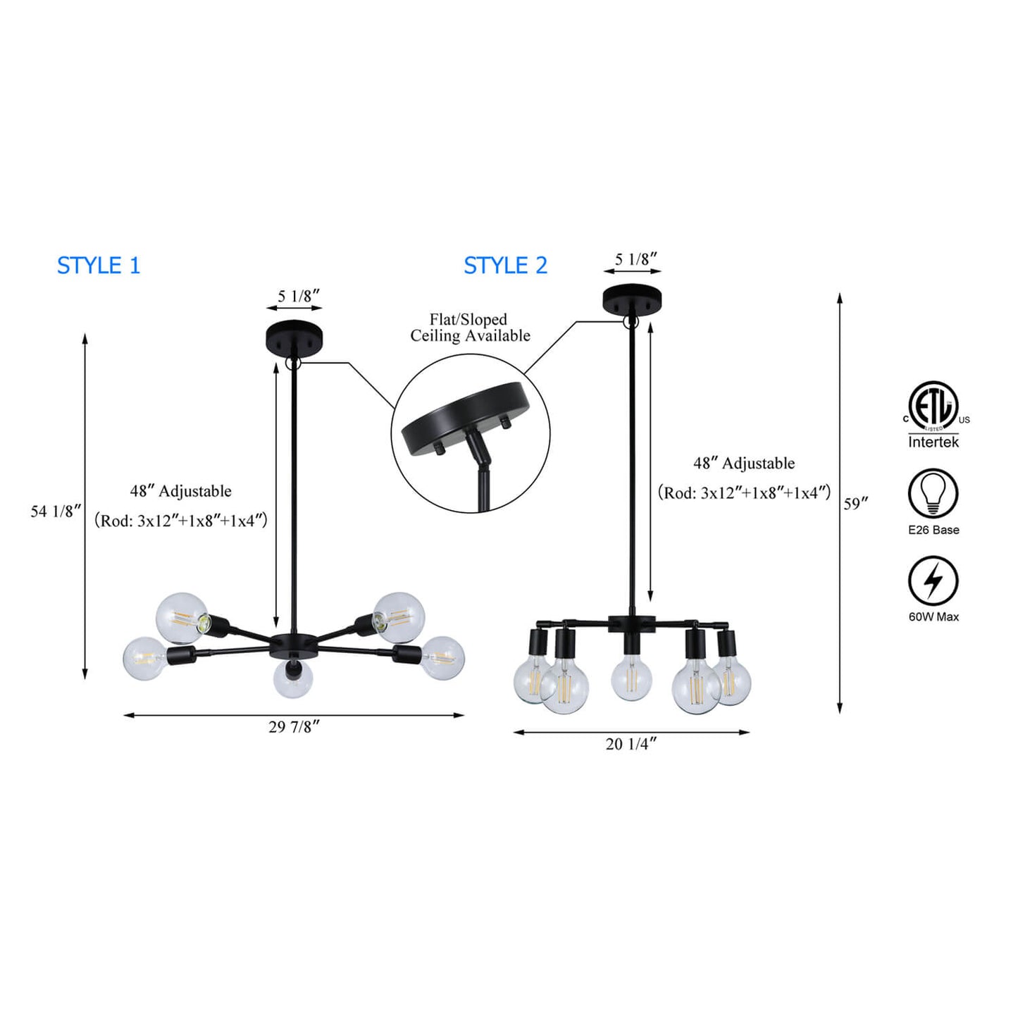 Modern 5-Light Matte Black Chandelier with LED Bulbs XB-C1211-5-MBK