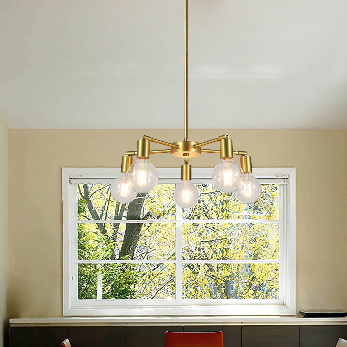 Sputnik Chandelier, 5-Light Brass Pendant with LED Bulbs, Kitchen Dining Room Light XB-C1211-5-SB