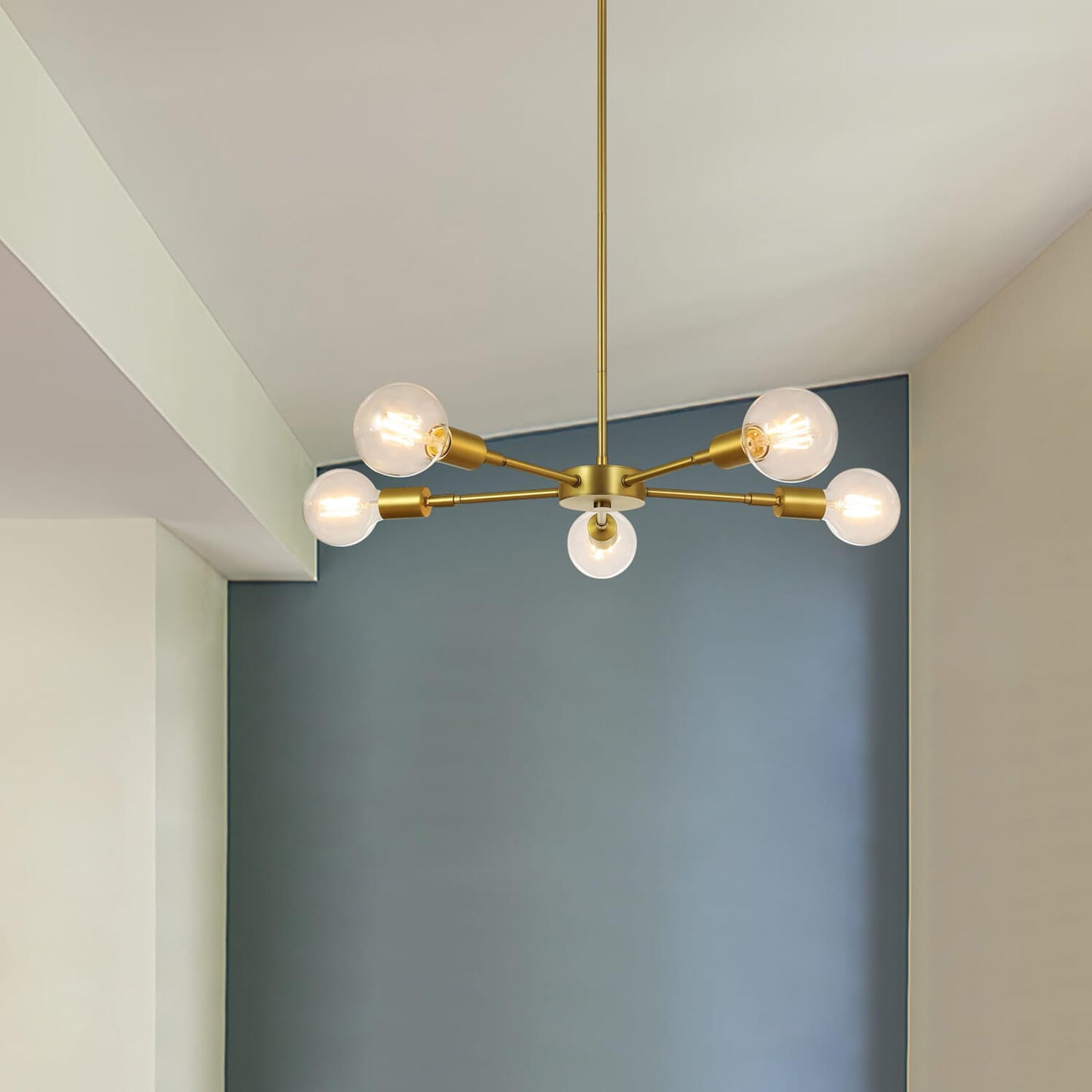 Sputnik Chandelier, 5-Light Brass Pendant with LED Bulbs, Kitchen Dining Room Light XB-C1211-5-SB