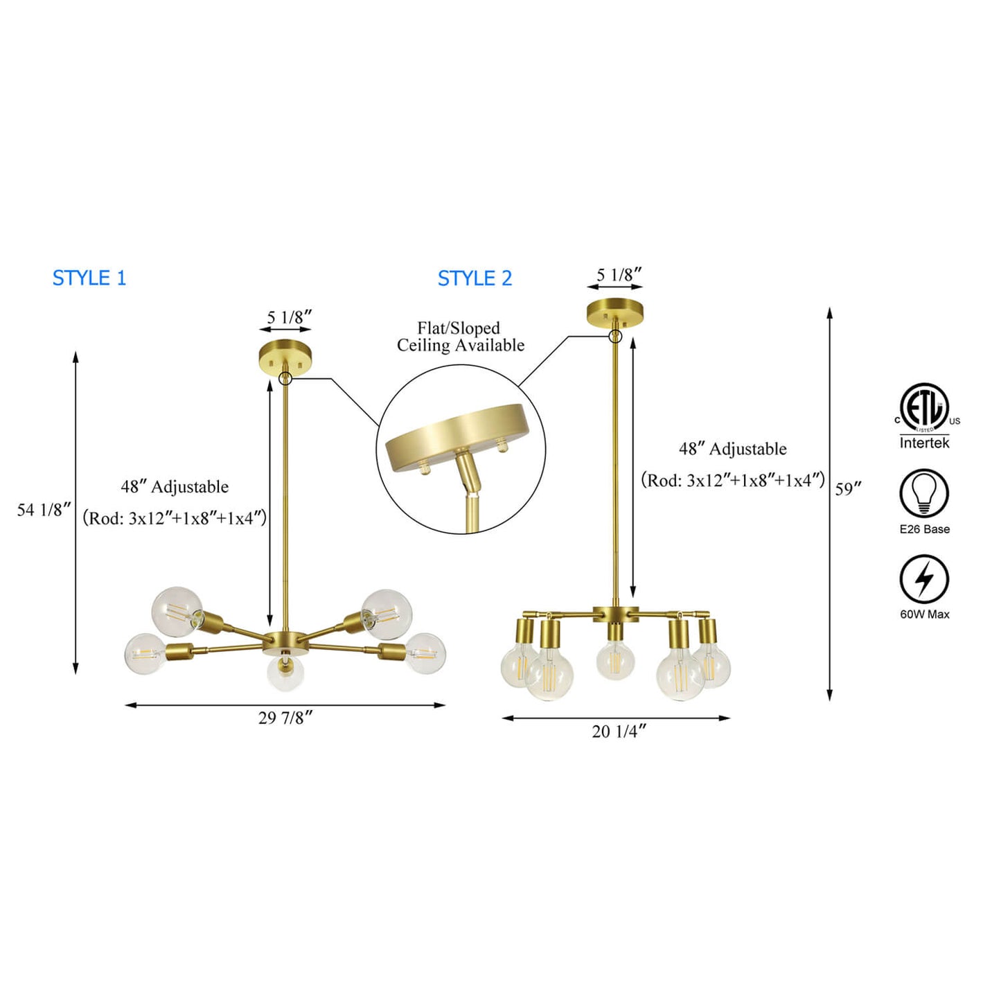 Sputnik Chandelier, 5-Light Brass Pendant with LED Bulbs, Kitchen Dining Room Light XB-C1211-5-SB