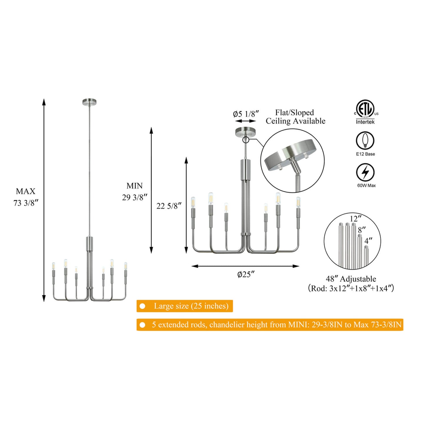 Modern Adjustable Nickel LED Chandelier XB-C1213-6-BN