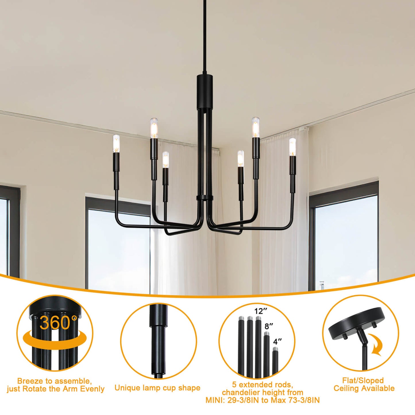 Farmhouse Chandelier, 6-Light Black Pendant Light Fixture for Kitchen Dining Room XB-C1213-6-MBK-1