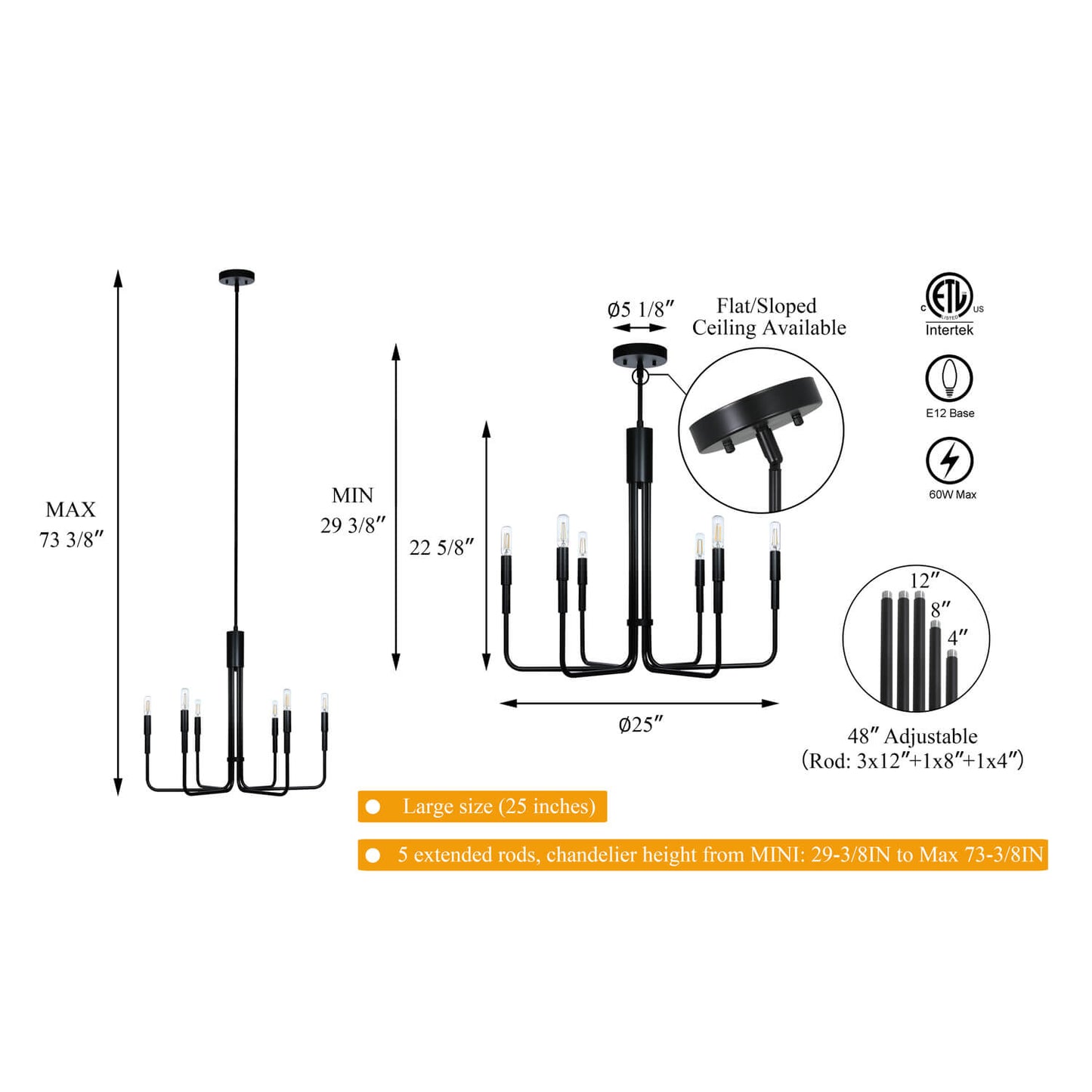 Farmhouse Chandelier, 6-Light Black Pendant Light Fixture for Kitchen Dining Room XB-C1213-6-MBK-1