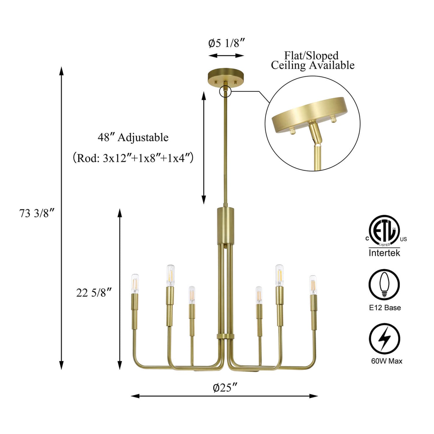 6-Light Chandelier, Brass Pendant Light with LED Bulbs, Living Dining Room Lighting XB-C1213-6-SB