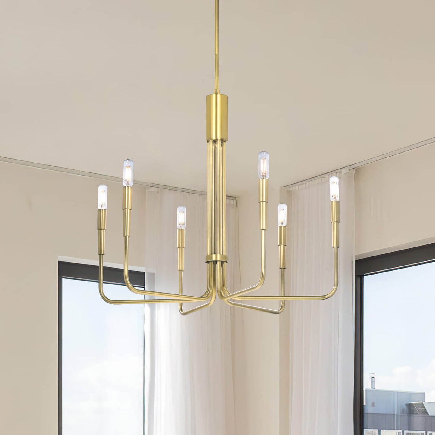 6-Light Chandelier, Brass Pendant Light with LED Bulbs, Living Dining Room Lighting XB-C1213-6-SB