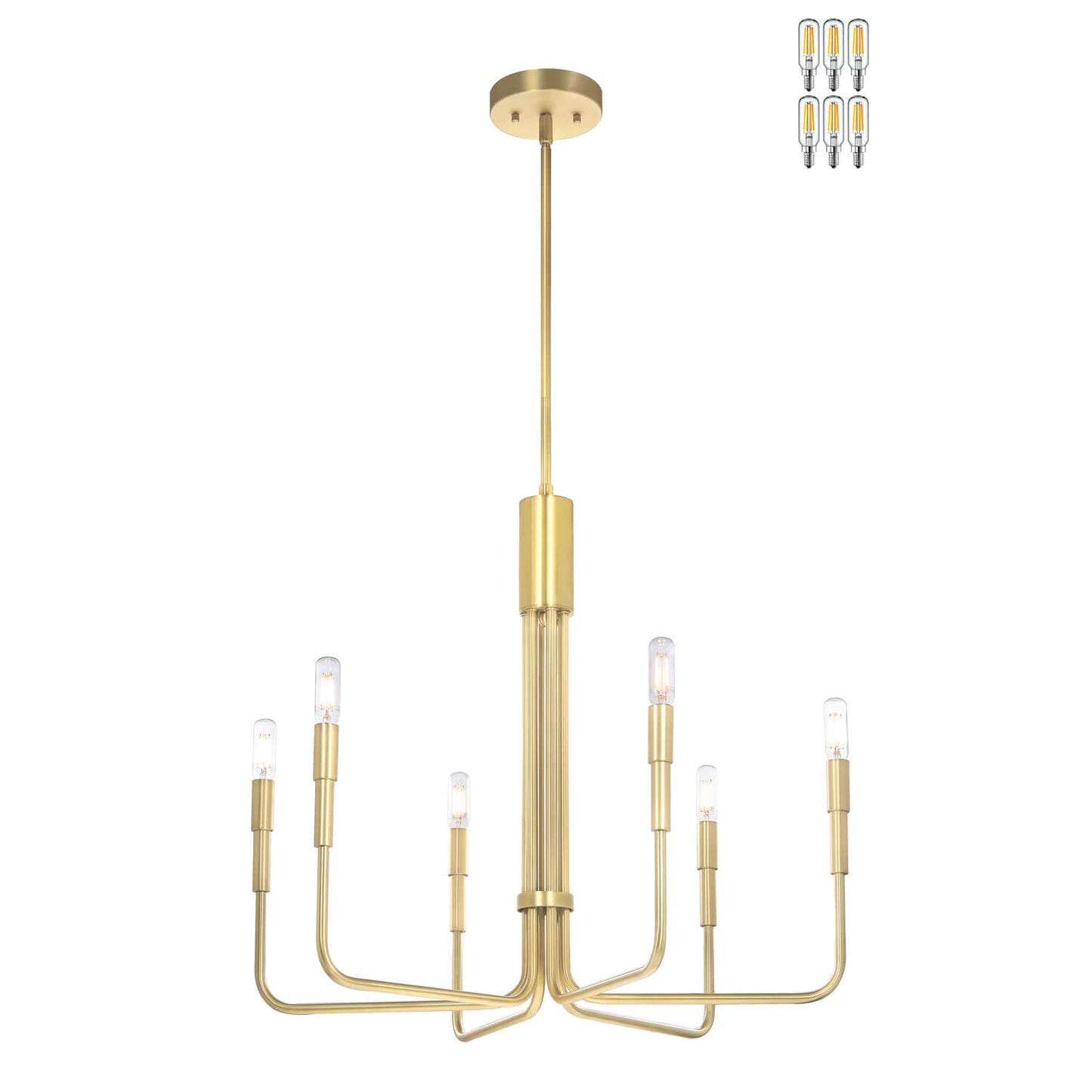 6-Light Chandelier, Brass Pendant Light with LED Bulbs, Living Dining Room Lighting XB-C1213-6-SB