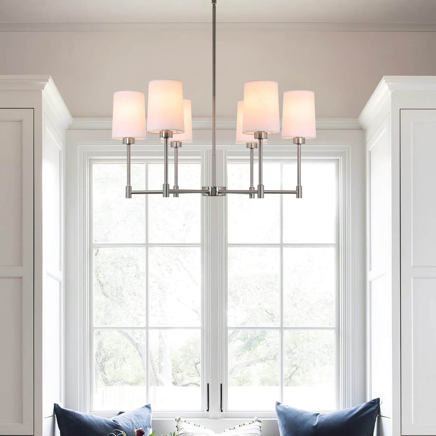 6-Light Chandelier, Fabric Shade, Brushed Nickel, Living Dining Room Pendant Light XB-C1215-6-BN