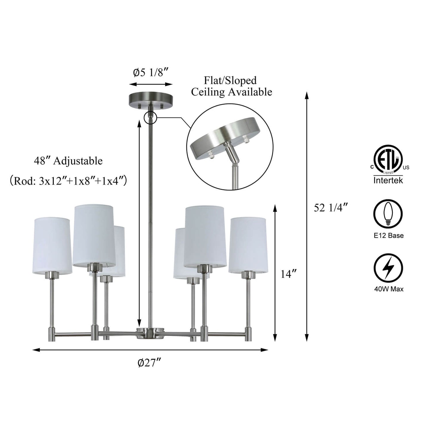 6-Light Chandelier, Fabric Shade, Brushed Nickel, Living Dining Room Pendant Light XB-C1215-6-BN