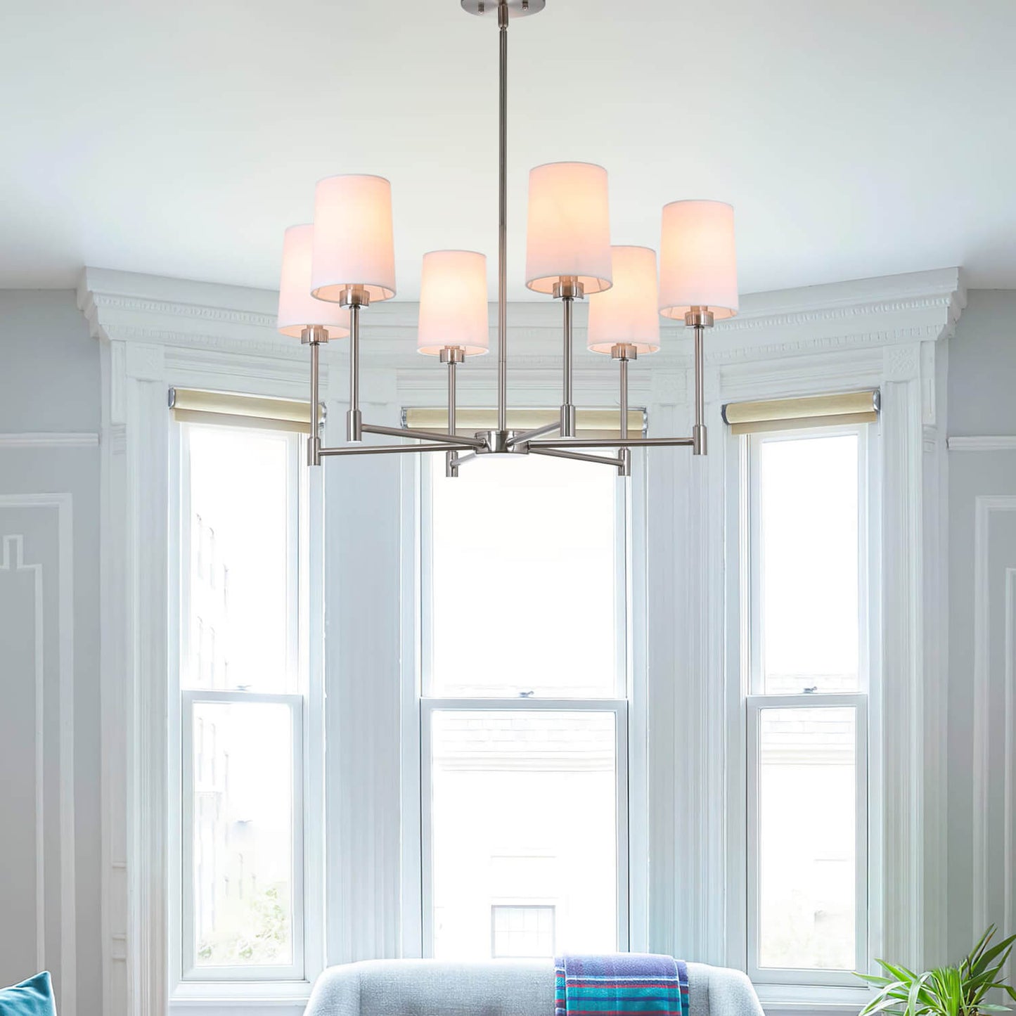 6-Light Chandelier, Fabric Shade, Brushed Nickel, Living Dining Room Pendant Light XB-C1215-6-BN