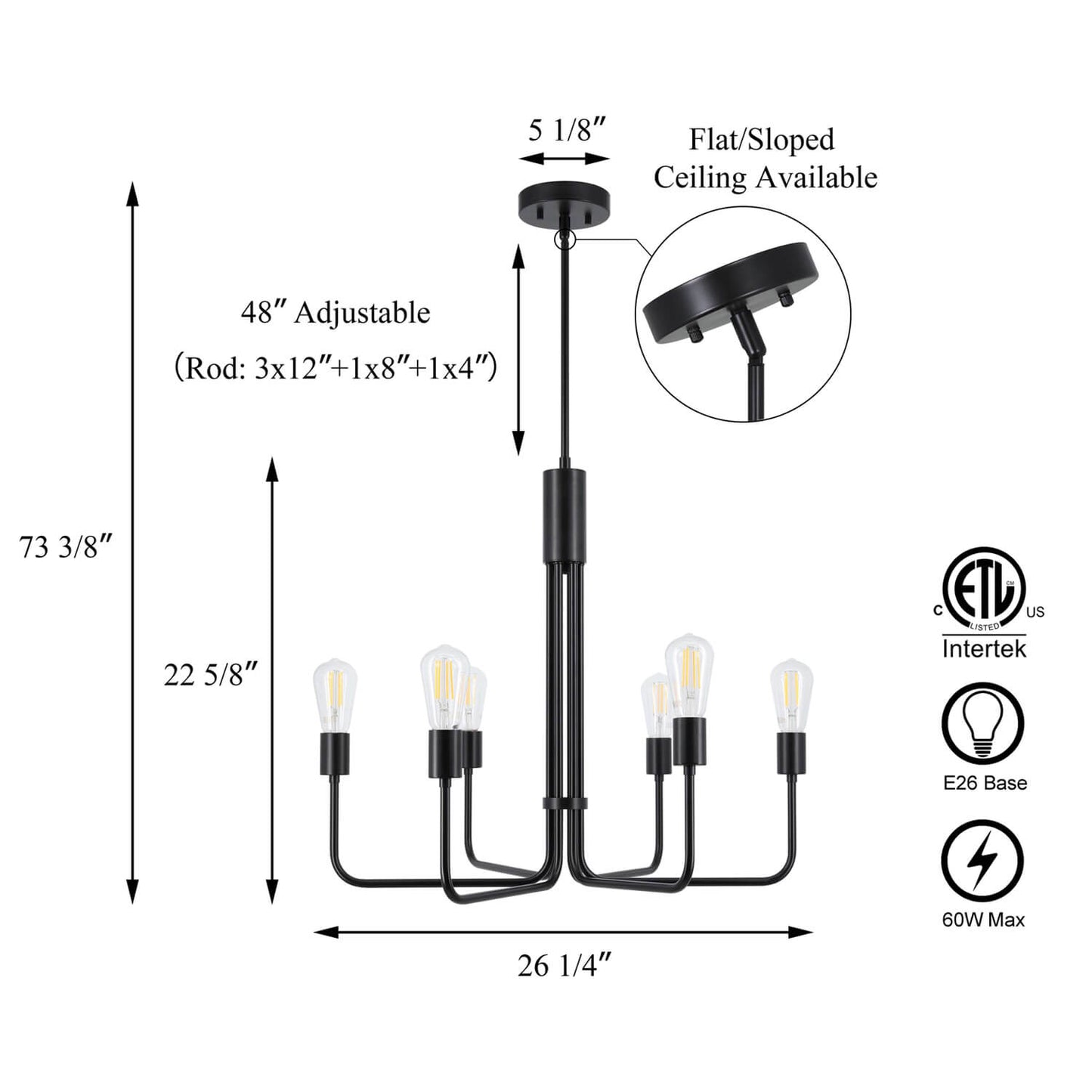6-Light Chandelier, Black Pendant Ceiling Light, Living and Dining Room Lighting XB-C1234-6-MBK