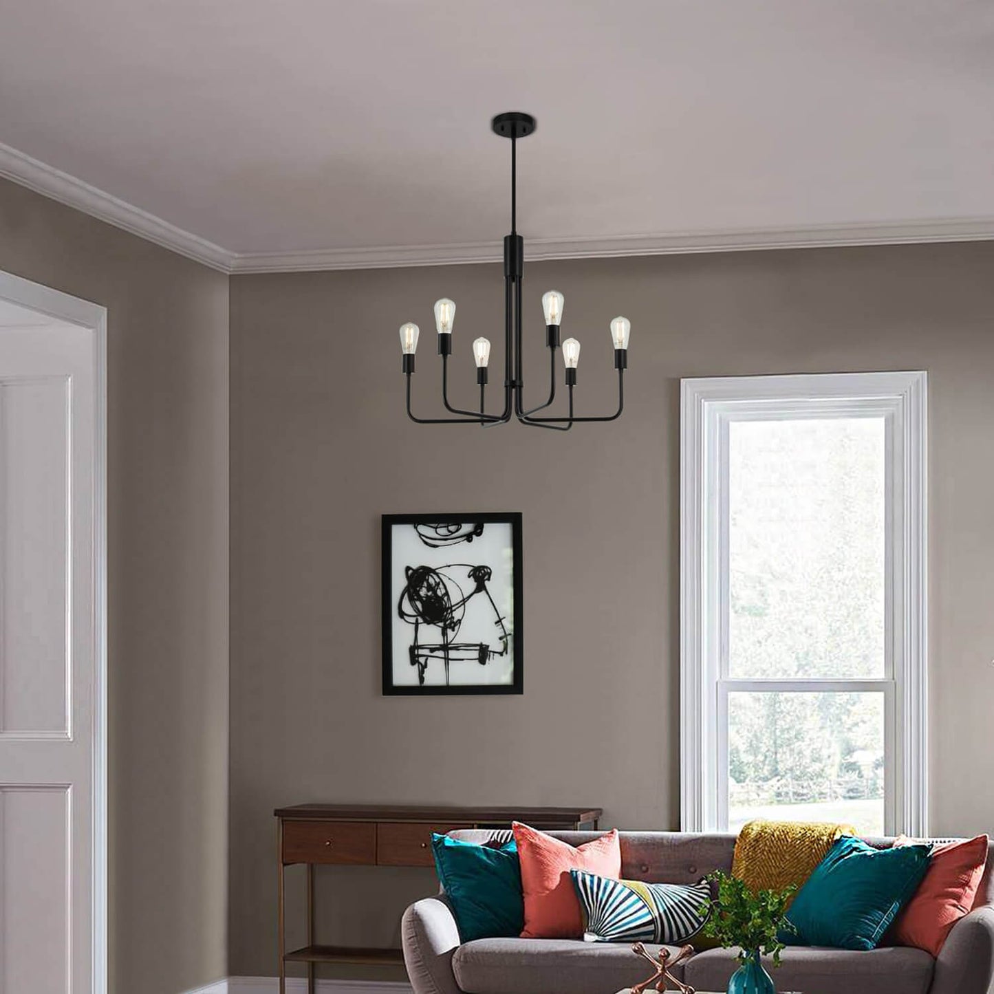 6-Light Chandelier, Black Pendant Ceiling Light, Living and Dining Room Lighting XB-C1234-6-MBK