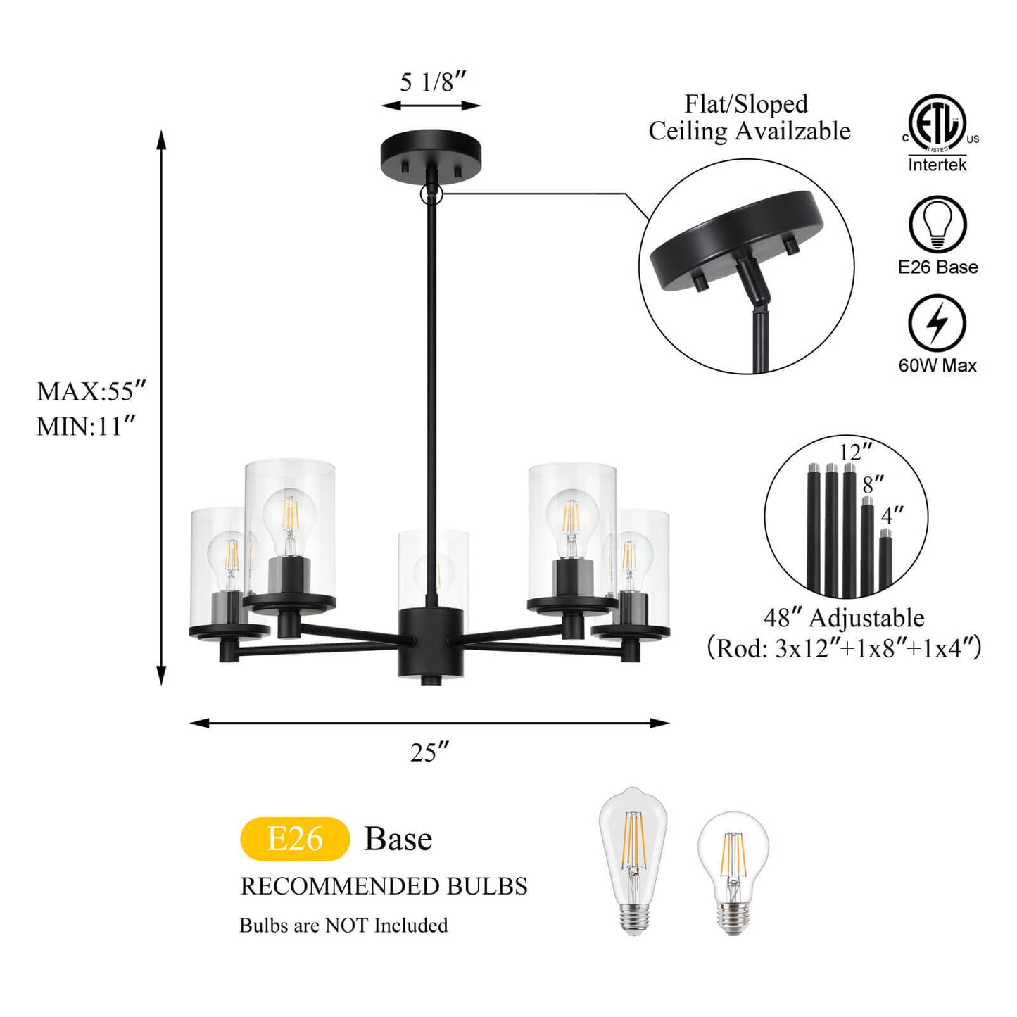 Modern Black Glass Chandelier for Dining Room XB-C1240-5-MB