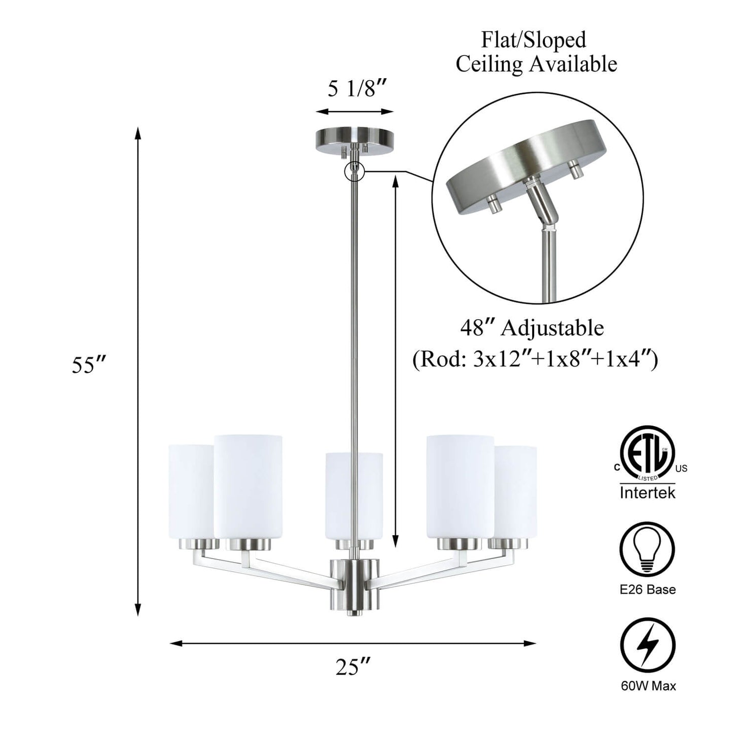 Modern 5-Light Brushed Nickel Chandelier with Glass for Dining Room XB-C1272-5-BN