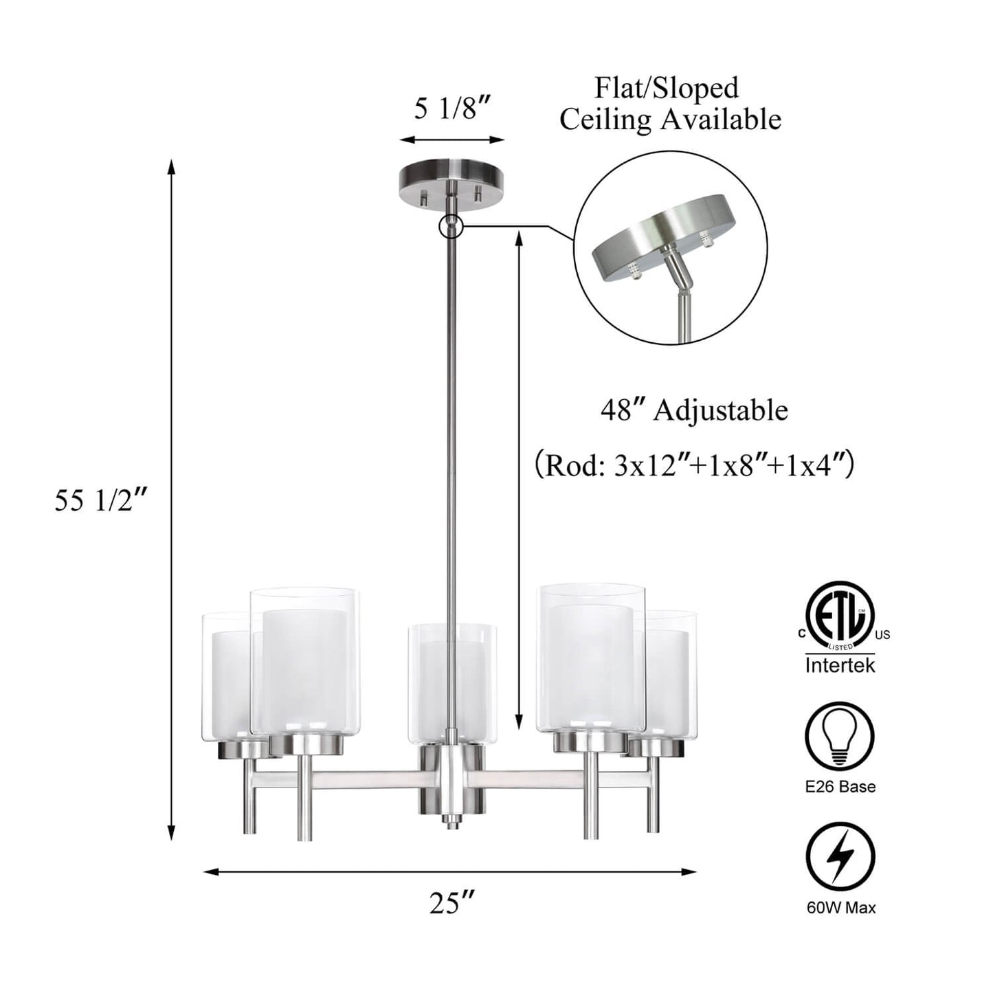 Modern 5 Light Glass Pendant Chandelier - Brushed Nickel XB-C1276-5-BN