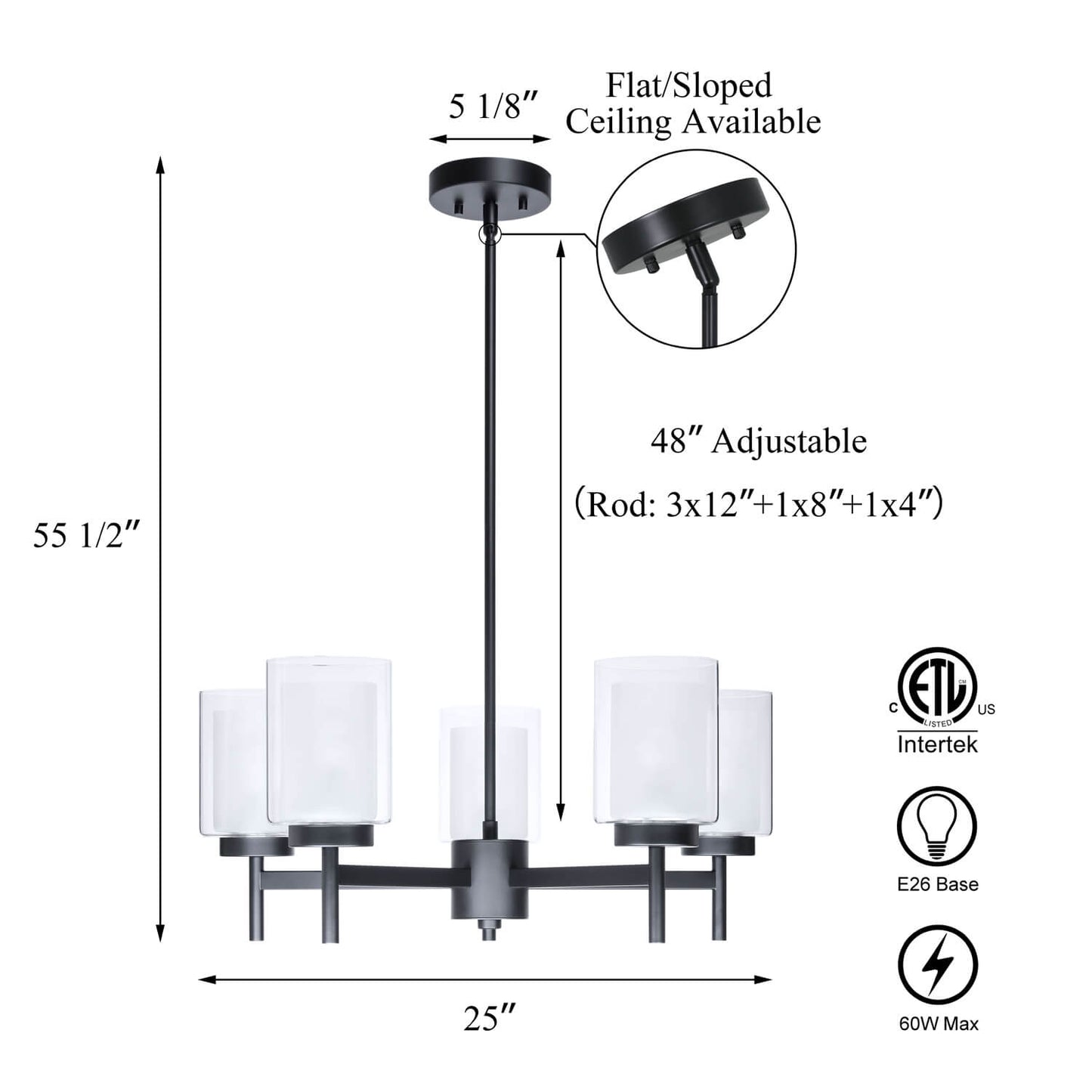 5-Light Black Adjustable Chandelier with Glass for Dining Room XB-C1276-5-MB