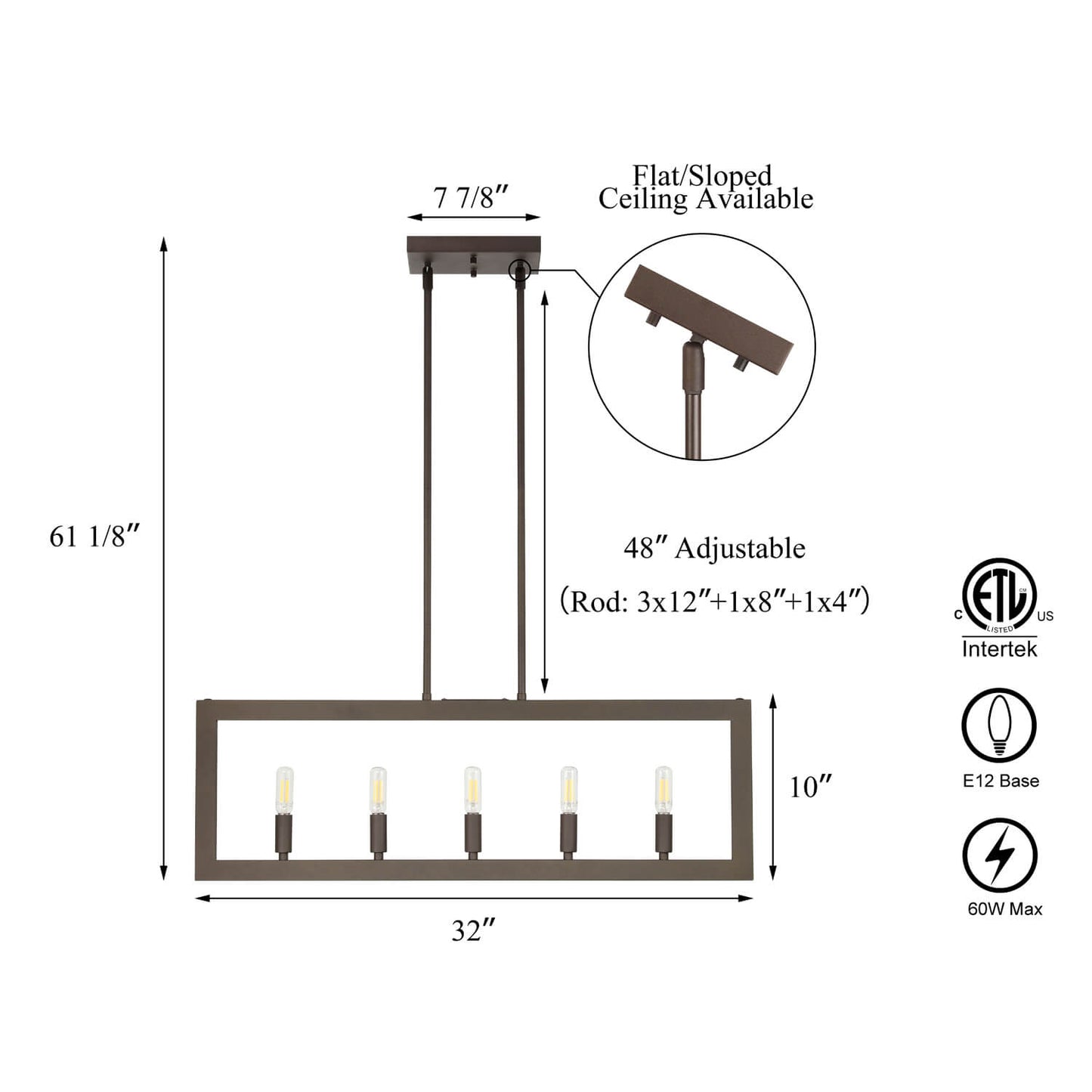 5-Light Modern Farmhouse Linear Chandelier in Dark Bronze XB-C1278-5-DB