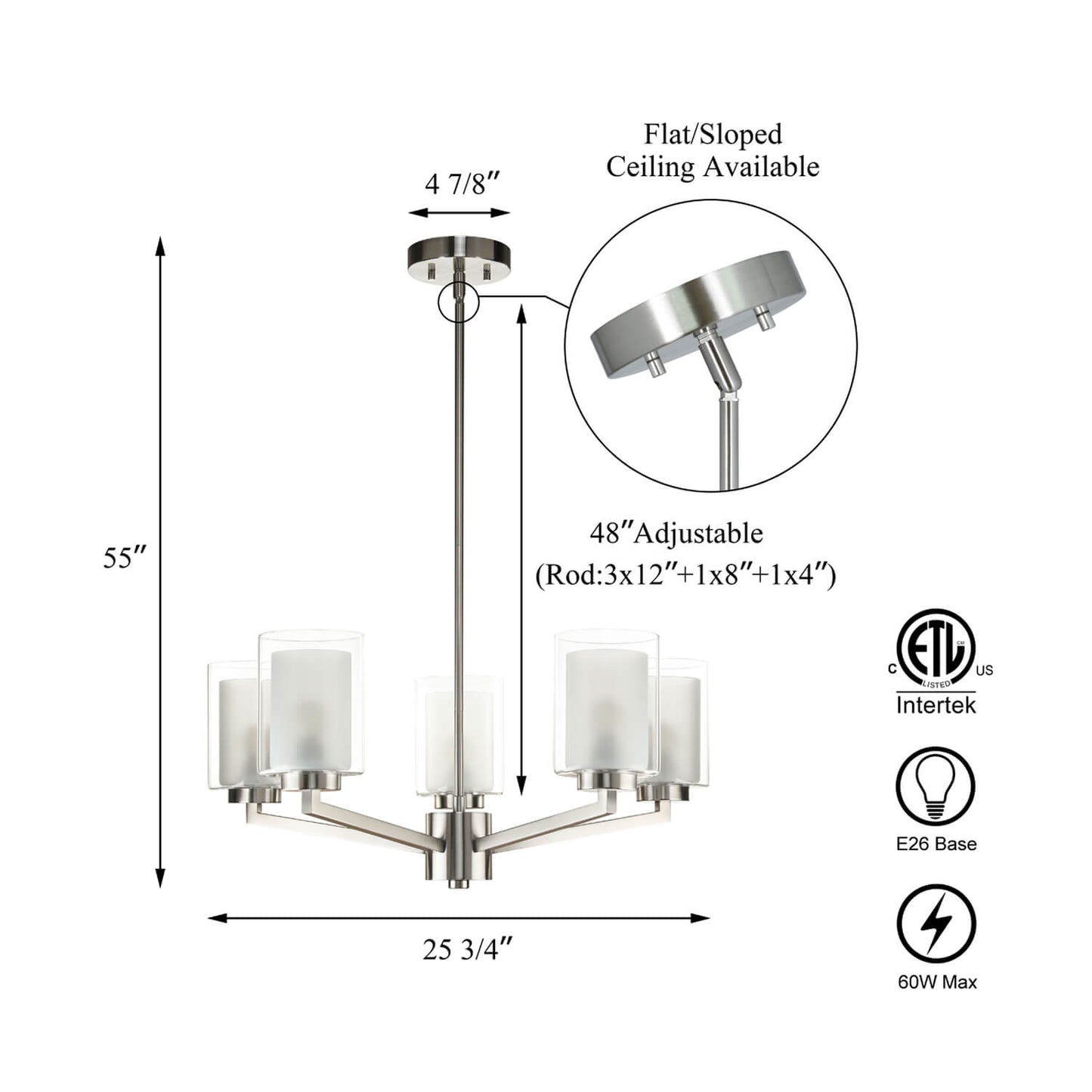 Modern Brushed Nickel Chandelier - 5 Light Fixture XB-C1294-5-BN