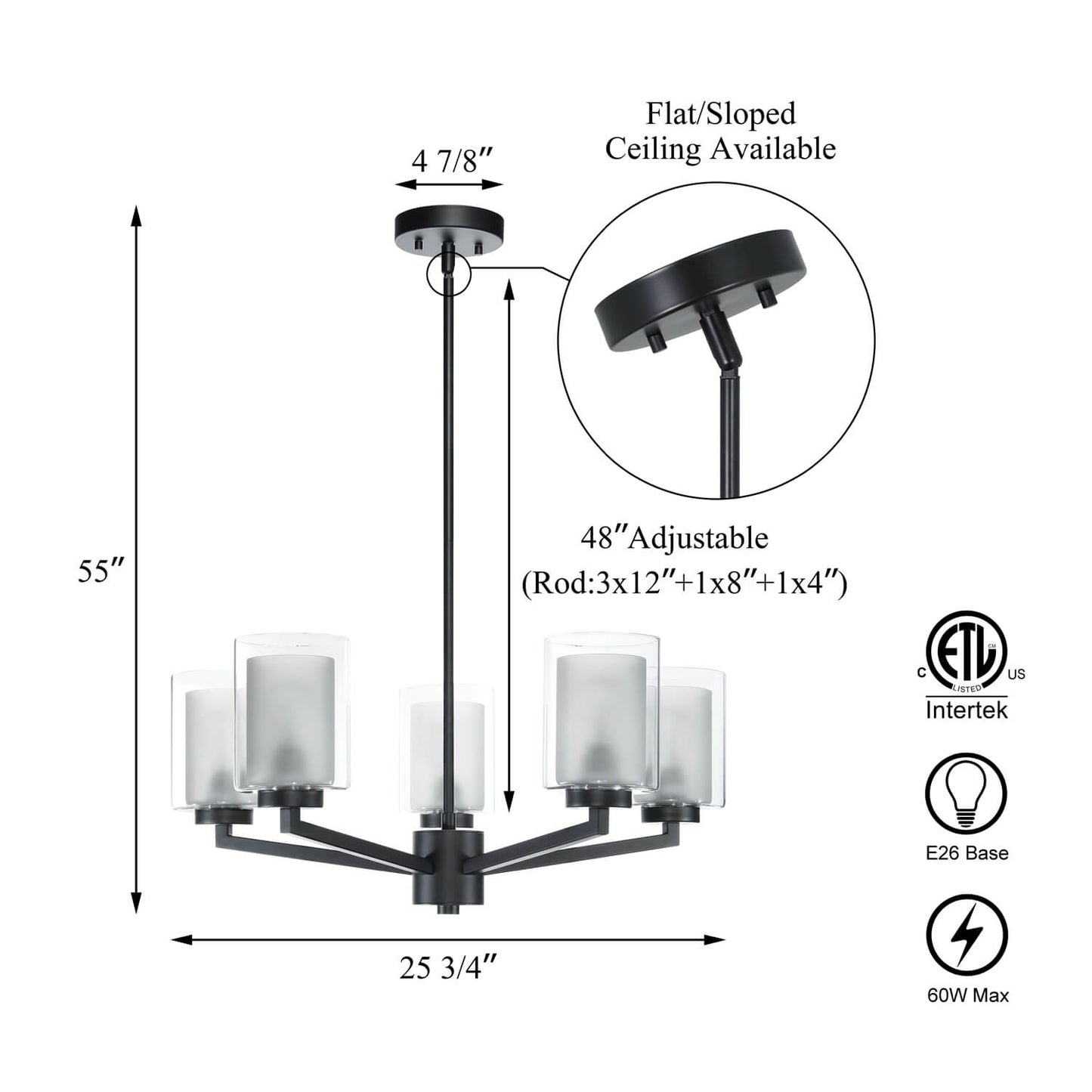 Black Farmhouse 5-Light Adjustable Chandelier with Glass Shades XB-C1294-5-MB