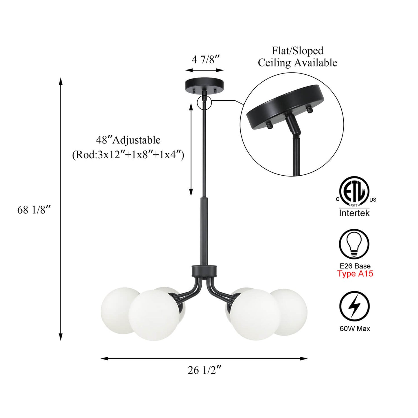 Mid Century Modern Black Globe Chandelier with 6 Lights XB-C1304-6-MB