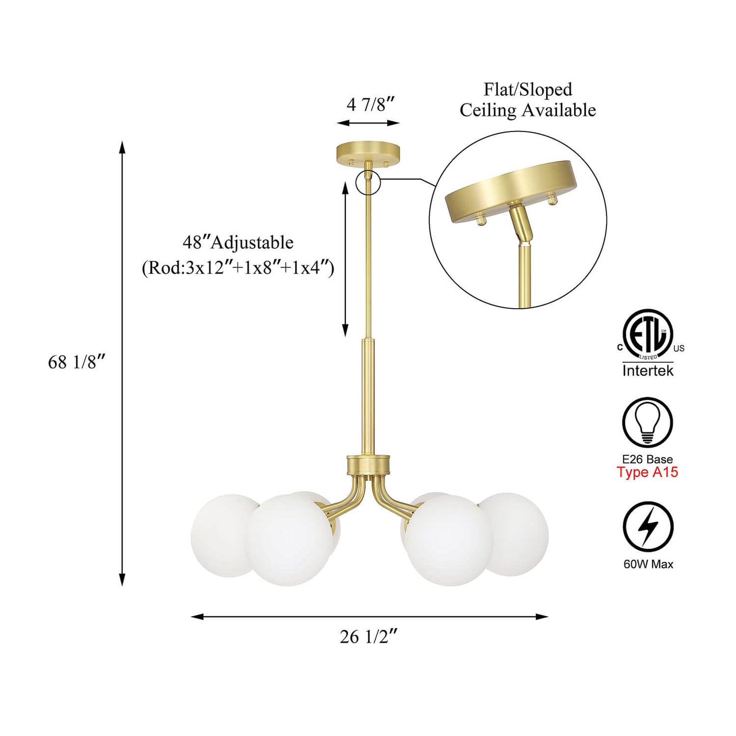 6-Light Mid-Century Modern Brass Chandelier XB-C1304-6-SB