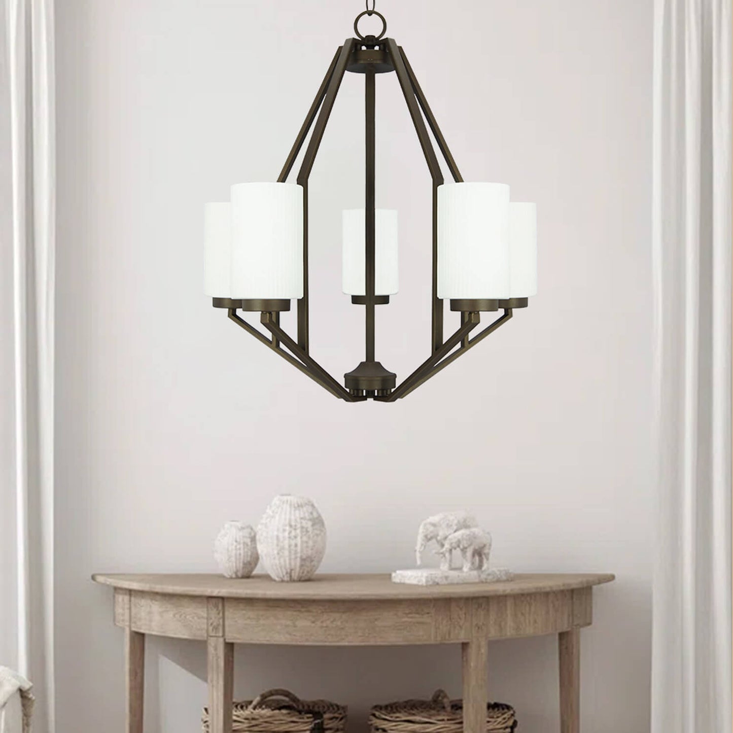 Indoor Decorative Iron Dark Bronze E26 Chain Hanging Ceiling Lamps Chandelier Ceiling Light Glass Pendants Lights for Home XB-C816-5-DB