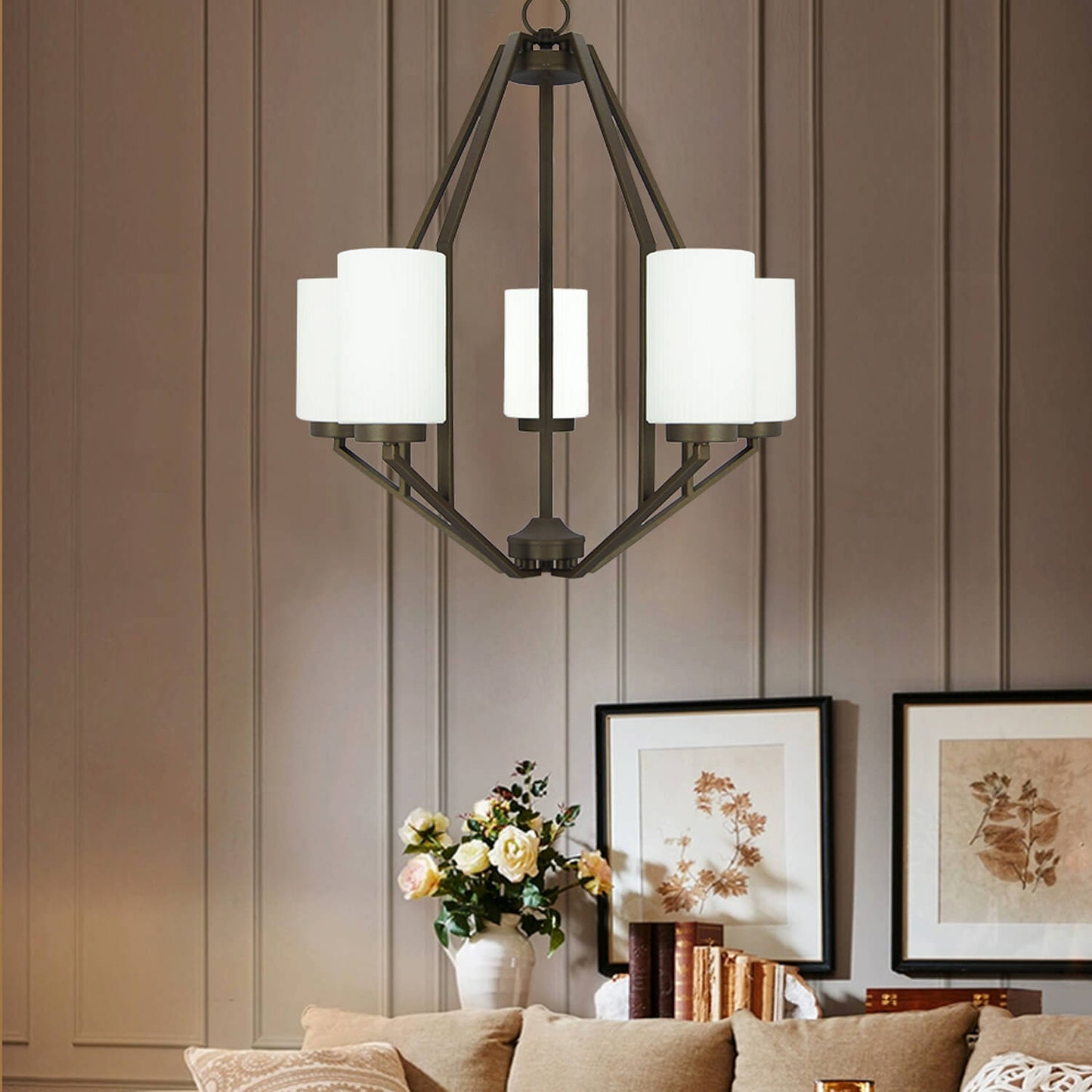 Indoor Decorative Iron Dark Bronze E26 Chain Hanging Ceiling Lamps Chandelier Ceiling Light Glass Pendants Lights for Home XB-C816-5-DB