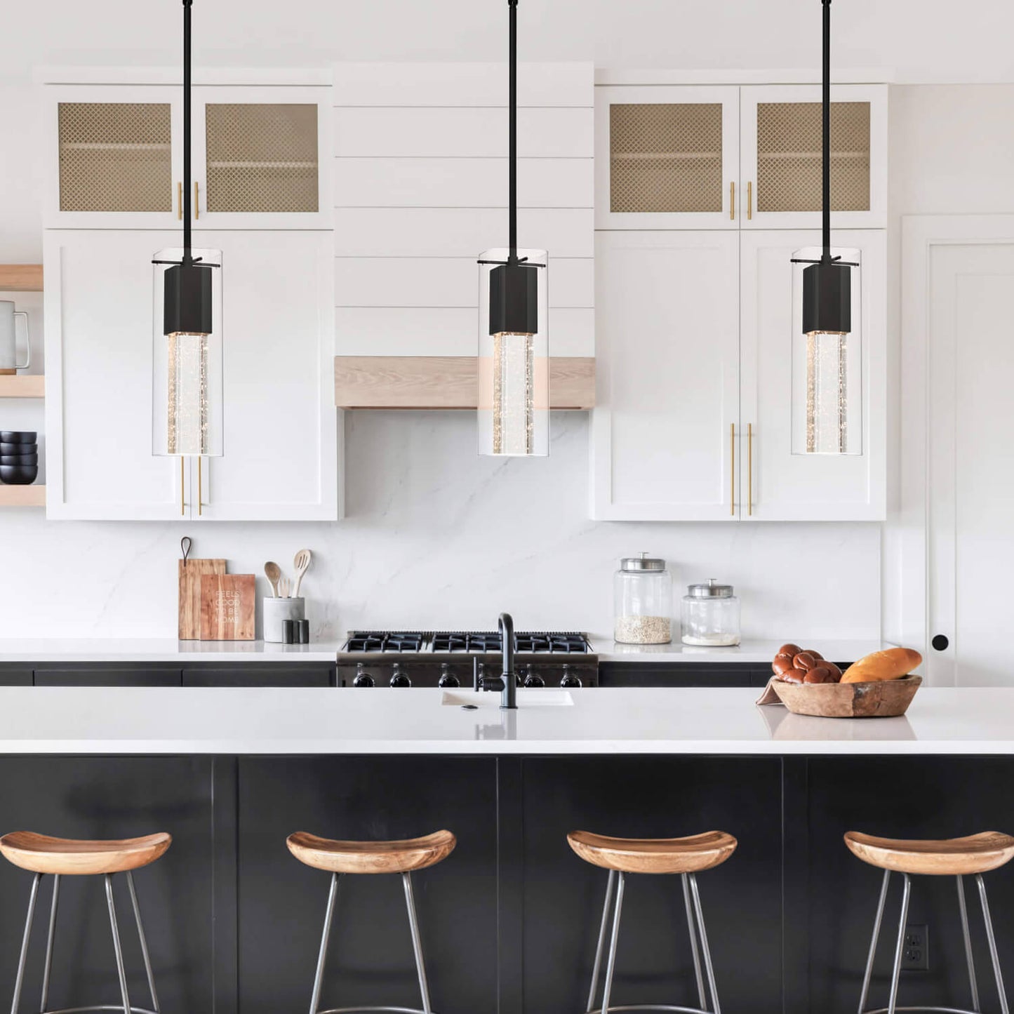 Modern Black Pendant Light with Square Glass Shade & LED Bulb XB-P1110-SQ-MB