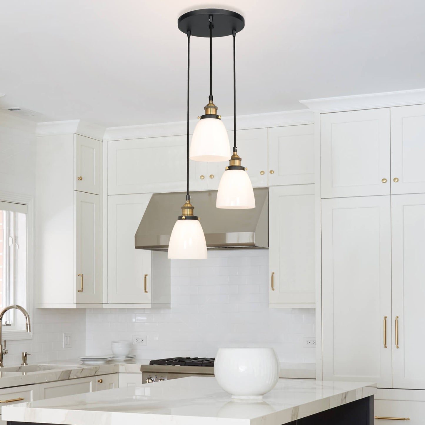 Modern 3-Light Cluster Pendant with Milk Glass, Anti-Brass Finish XB-P1160-3-AB