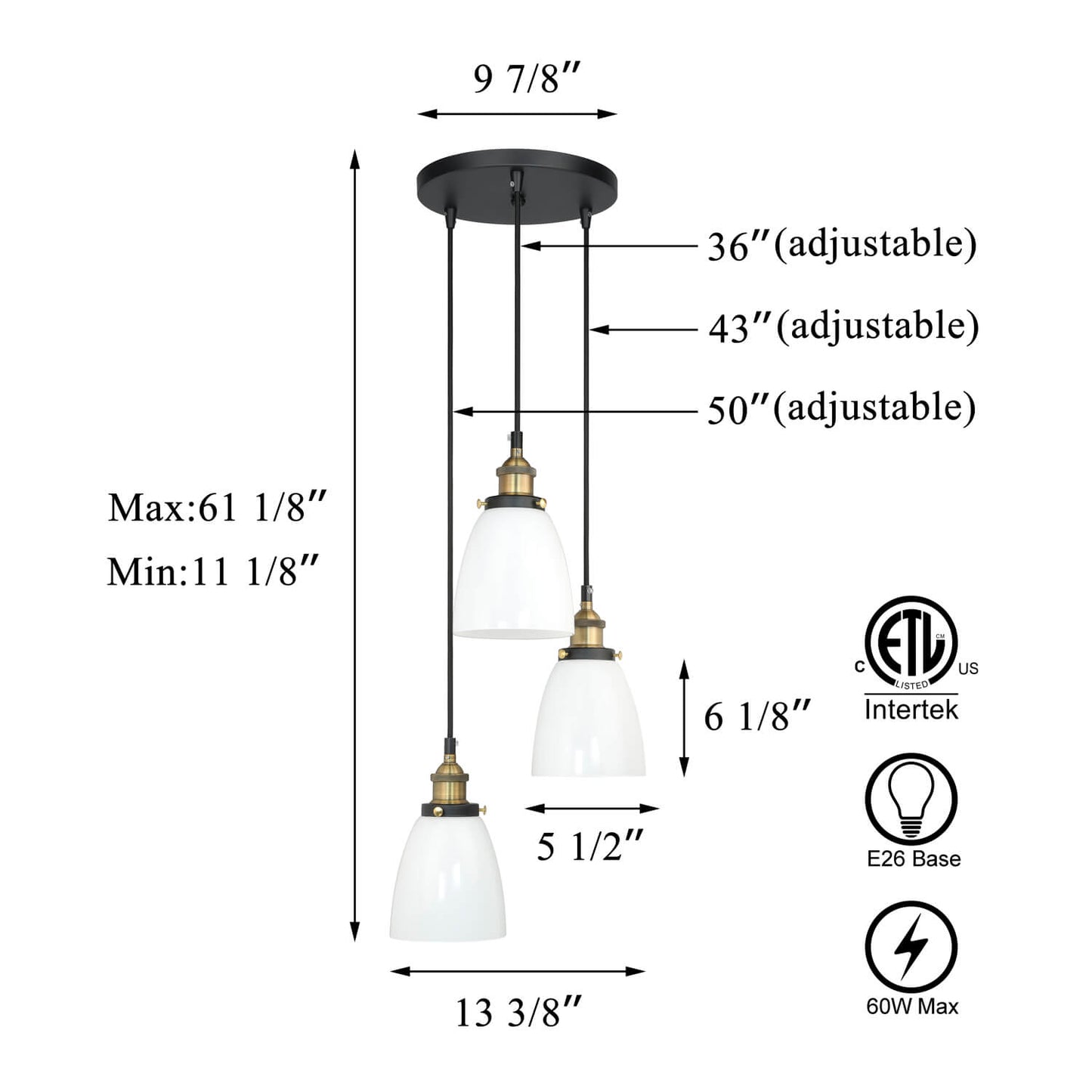 Modern 3-Light Cluster Pendant with Milk Glass, Anti-Brass Finish XB-P1160-3-AB