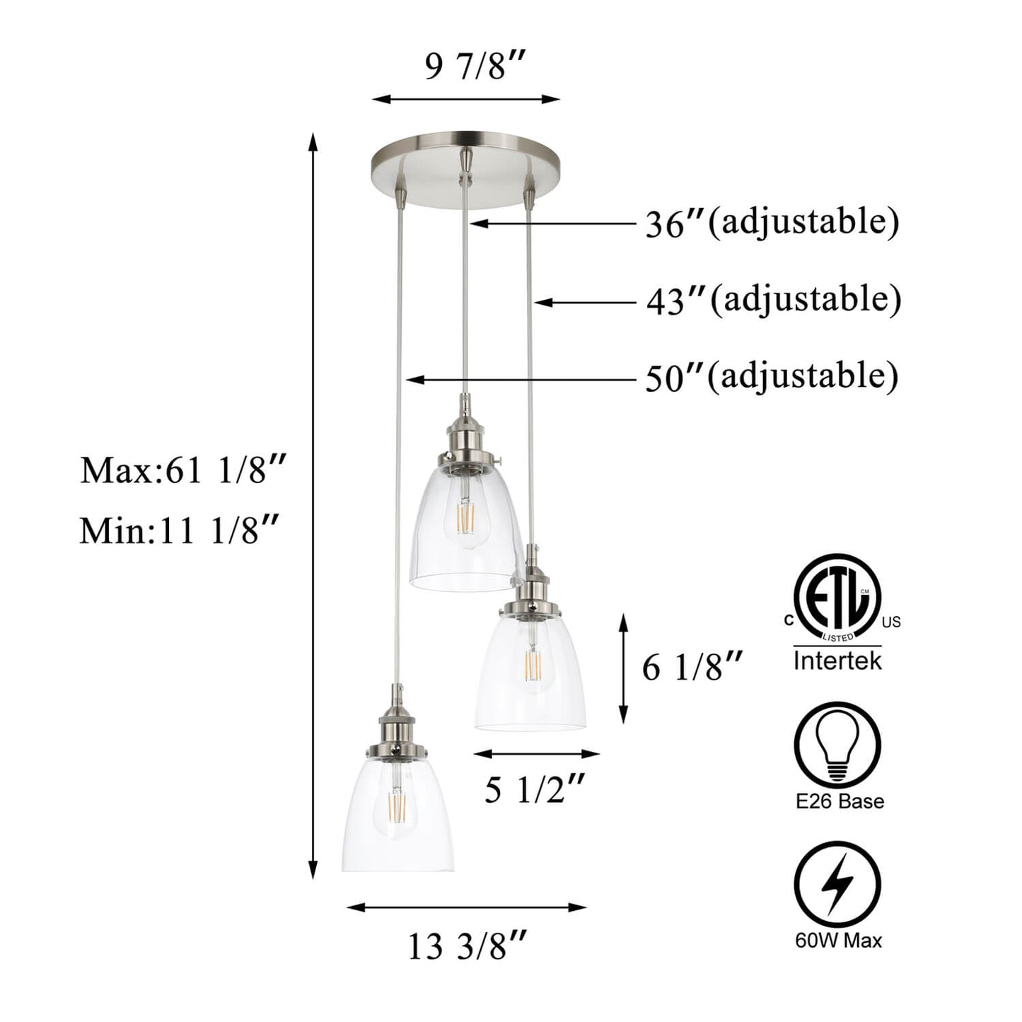 Modern 3-Light Adjustable Glass Pendant Lighting in Brushed Nickel XB-P1160-3-CL-BN