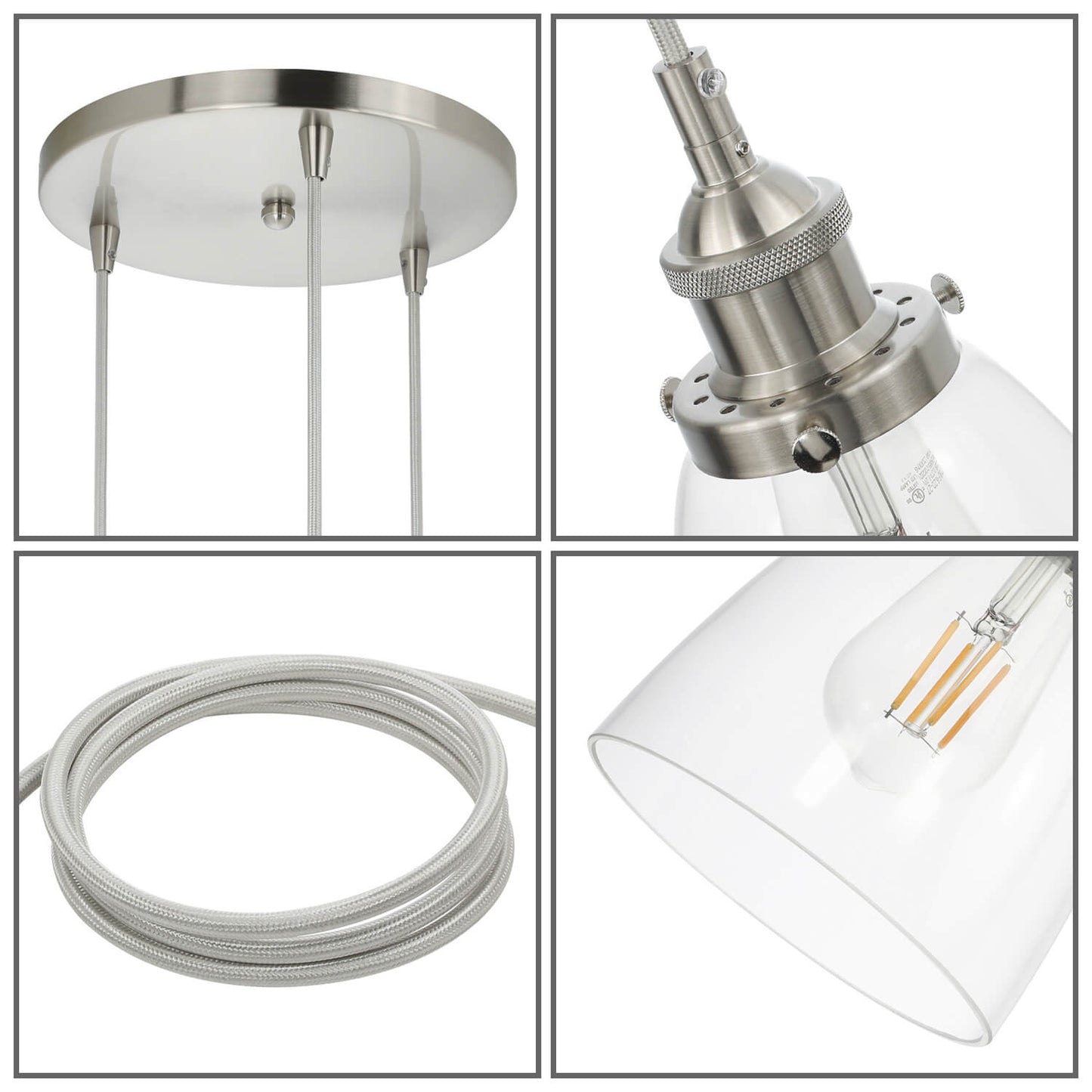 Modern 3-Light Adjustable Glass Pendant Lighting in Brushed Nickel XB-P1160-3-CL-BN
