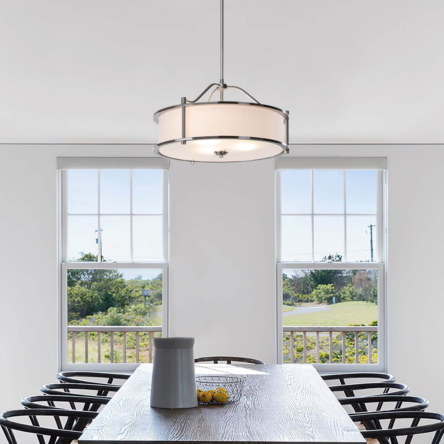Drum Pendant Light, 18 inch, 3 Light with Fabric Shade, Glass Diffuser, Brushed Nickel XB-P1199-BN