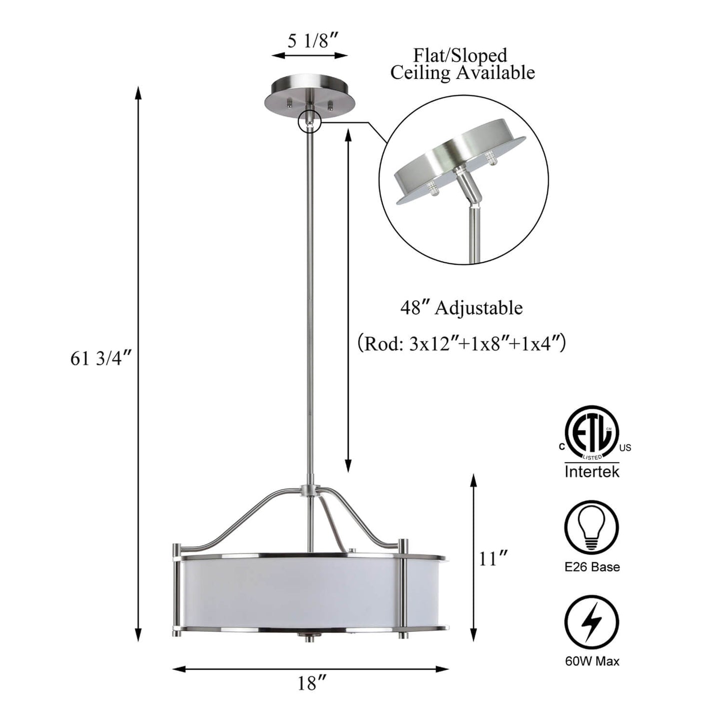 Drum Pendant Light, 18 inch, 3 Light with Fabric Shade, Glass Diffuser, Brushed Nickel XB-P1199-BN