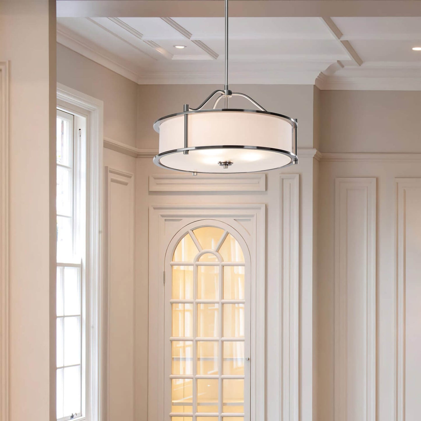 Drum Pendant Light, 18 inch, 3 Light with Fabric Shade, Glass Diffuser, Brushed Nickel XB-P1199-BN