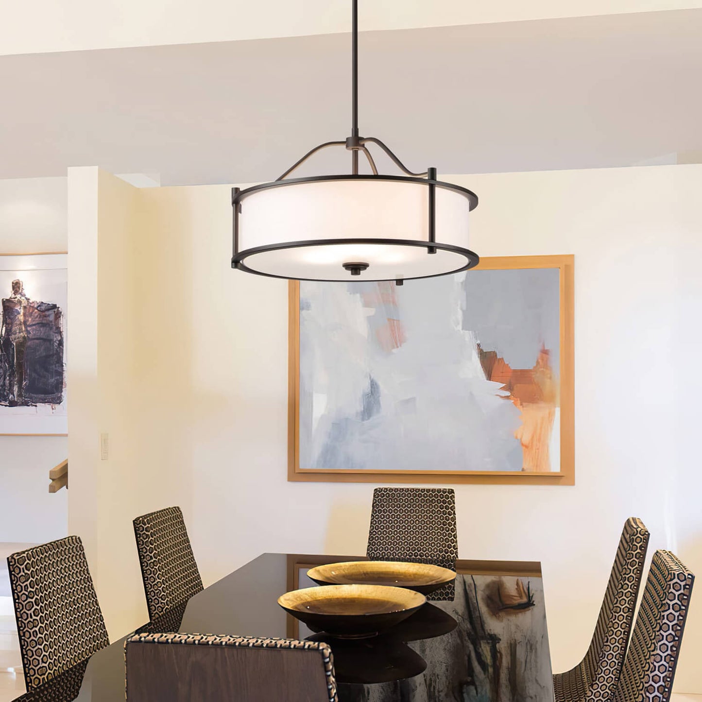 Drum Pendant Light, 18 inch, 3-Light with Fabric Shade, Glass Diffuser, Dark Bronze XB-P1199-DB