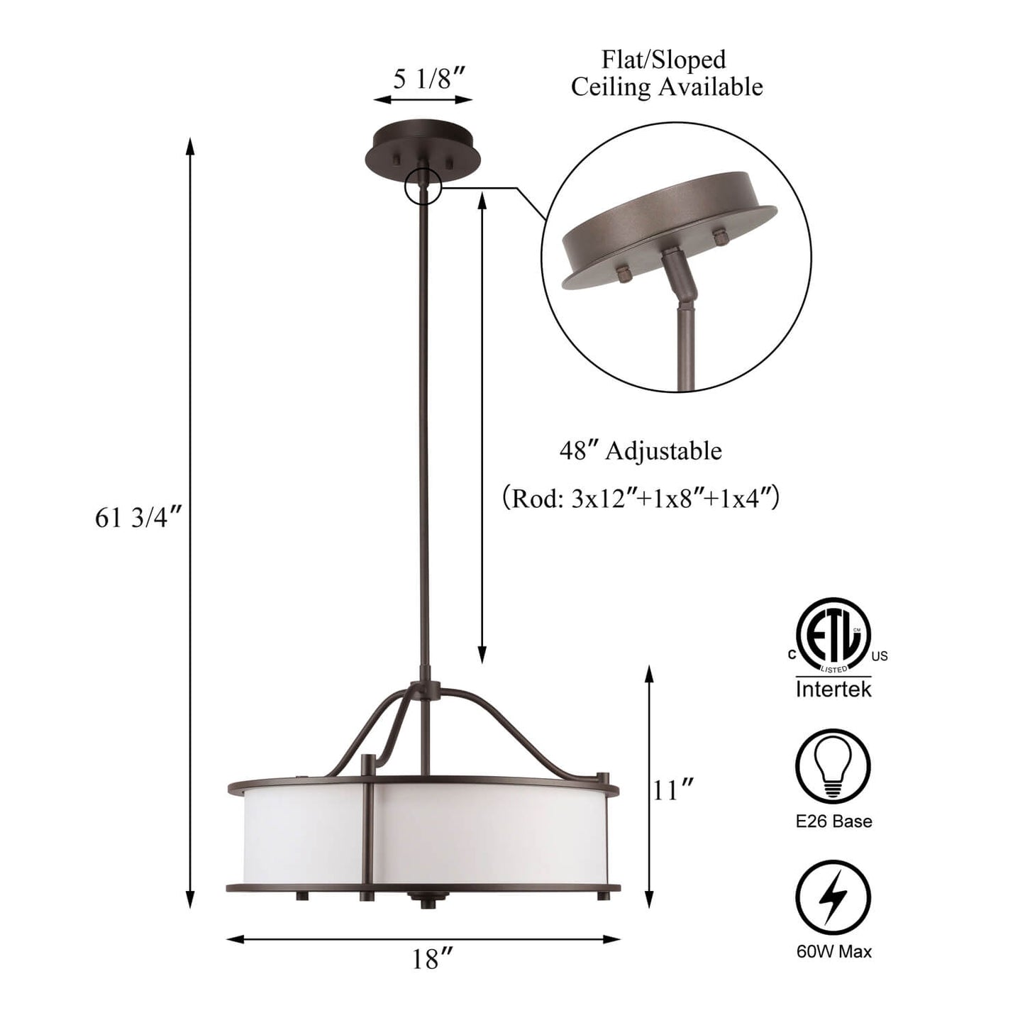 Drum Pendant Light, 18 inch, 3-Light with Fabric Shade, Glass Diffuser, Dark Bronze XB-P1199-DB
