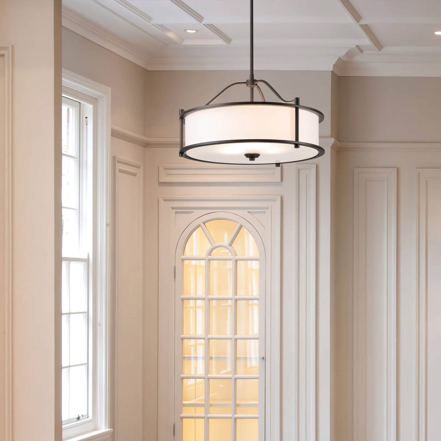 Drum Pendant Light, 18 inch, 3-Light with Fabric Shade, Glass Diffuser, Dark Bronze XB-P1199-DB
