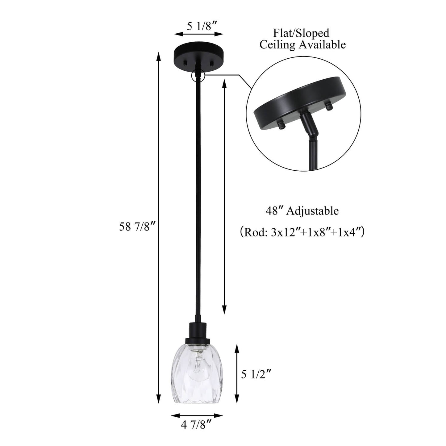 Modern Mini Pendant Light, Clear Glass Shade, Matte Black Finish, Adjustable Height XB-P1210-MBK