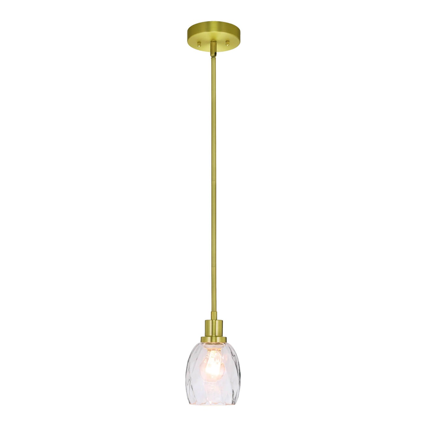Modern Glass Pendant Light, Clear Textured Shade, Brass Rod Fixture, Single Hanging Lamp XB-P1210-SB