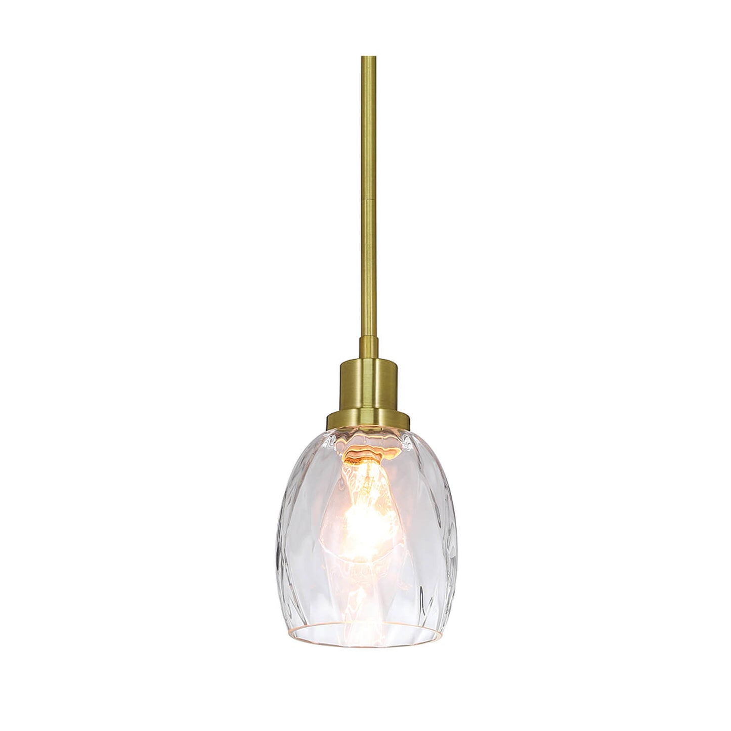 Modern Glass Pendant Light, Clear Textured Shade, Brass Rod Fixture, Single Hanging Lamp XB-P1210-SB