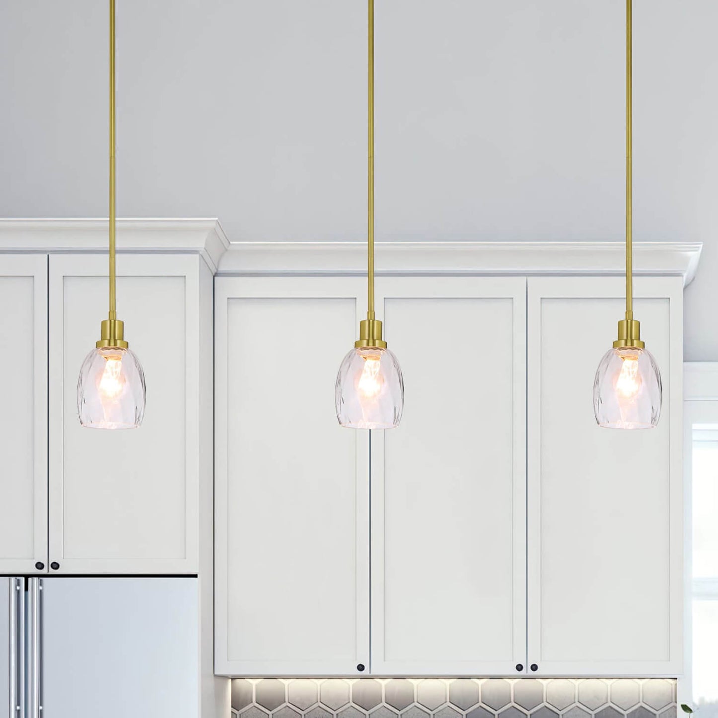 Modern Glass Pendant Light, Clear Textured Shade, Brass Rod Fixture, Single Hanging Lamp XB-P1210-SB